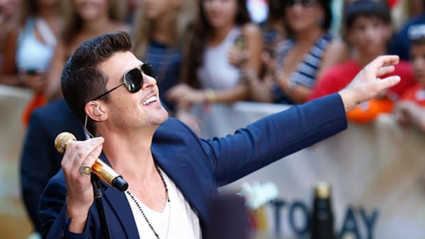Singer Robin Thicke performs on NBC's Today Show at Rockefeller Plaza on July 30, 2013, in New York City.