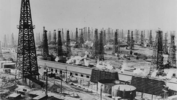 An oilfield of rotary derricks in 1938.