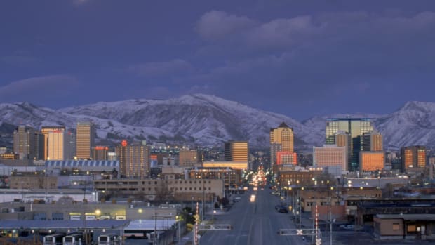 A general view of the Salt Lake City skyline taken during the 2002 Winter Olympic Games on February 18th, 2002.