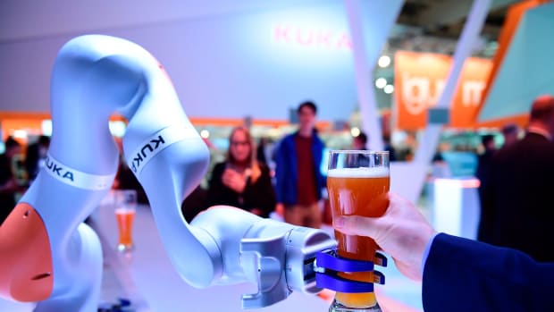 Robots serves beer at the Hanover Fair in Hanover, Germany, on April 24th, 2017.