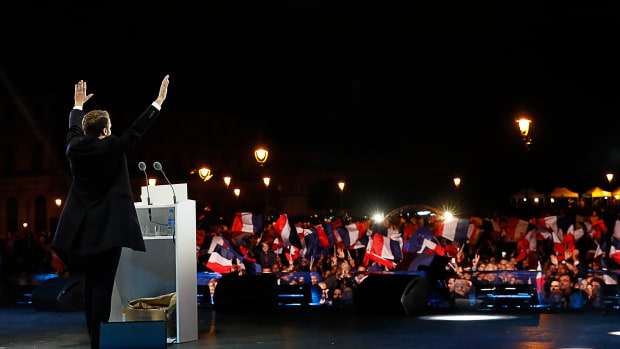 President-elect Emmanuel Macron delivers a speech in front of the Pyramid at the Louvre Museum in Paris, France, on May 7th, 2017.
