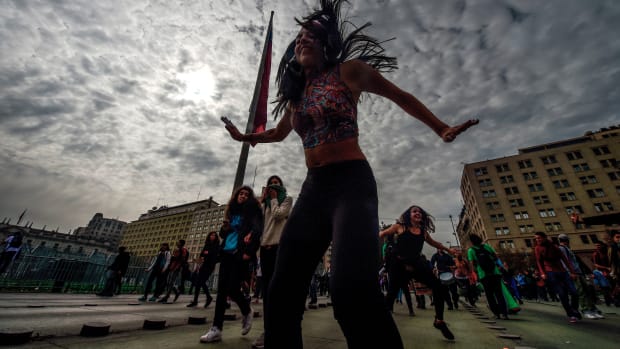 Students dance during a protest against education reform in Santiago on May 9th, 2017.
