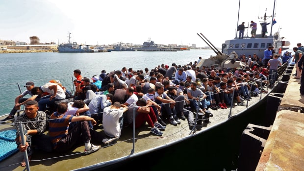 Illegal immigrants, who were rescued by the Libyan coast guard in the Mediterranean, arrive at a naval base in Tripoli, Libya, on May 10th, 2017.