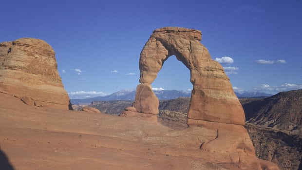 A view of the Delicate Arch sandstone rock formation at Arches National Park, near Moab, Utah.