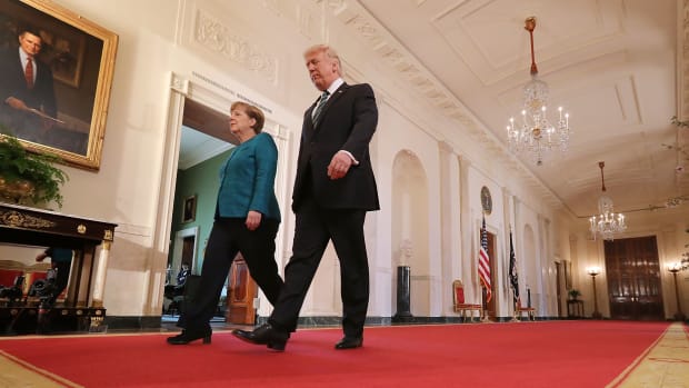 U.S. President Donald Trump and German Chancellor Angela Merkel arrive for a joint press conference in the White House on March 17th, 2017.