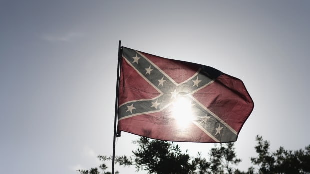A Confederate flag during a rally to show support for the American and Confederate flags.