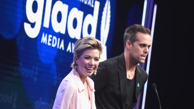 Singer Carly Rae Jepsen and songwriter Justin Tranter speak onstage during the 28th Annual GLAAD Media Awards in Beverly Hills, California, on April 1st, 2017.