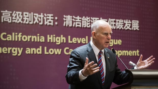 California Governor Jerry Brown speaks during an energy policy conference in Beijing on June 8th, 2017.
