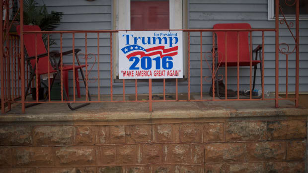 A sign for then-candidate Donald Trump is displayed on a front porch on August 14th, 2016, in Schuylkill Haven, Pennsylvania.