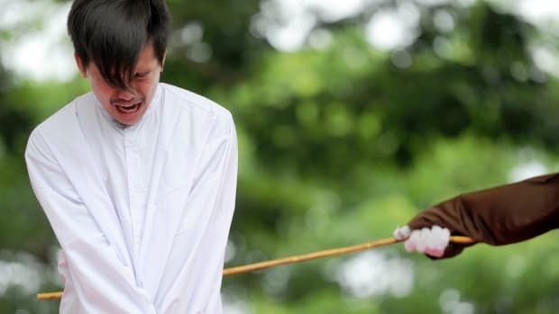 One of two Indonesian men is publicly caned for having sex, in a first for the Muslim-majority country where there are concerns over mounting hostility toward the small gay community, in Banda Aceh on May 23rd, 2017.