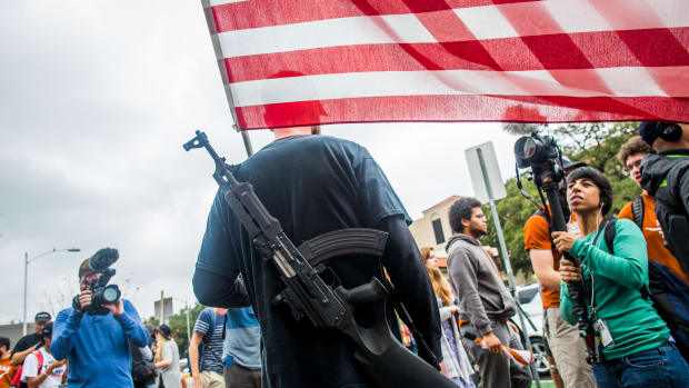Gun activists march close to The University of Texas campus on December 12th, 2015, in Austin, Texas.