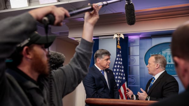 Fox News television personality and political commentator Sean Hannity speaks with Sean Spicer in the James Brady Press Briefing Room at the White House on January 24th, 2017.