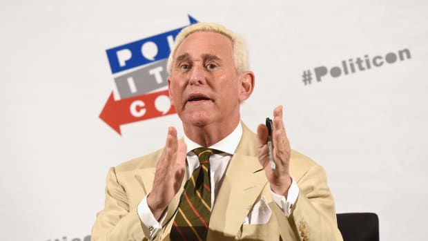 Roger Stone speaks during Politicon on July 29th, 2017, in Pasadena, California.