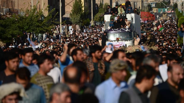 Afghan protesters shout against the Islamic State group following a mosque attack that killed 33 people in Herat on August 2nd, 2017.