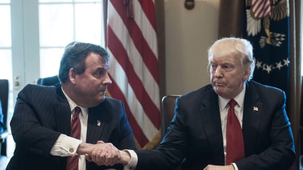 President Donald Trump shakes hands with New Jersey Governor Chris Christie during a meeting about opioid and drug abuse on March 29th, 2017.