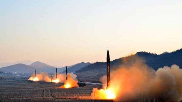 This undated picture released by North Korea's Korean Central News Agency on March 7th, 2017, shows the launch of four ballistic missiles by the Korean People's Army during a military drill at an undisclosed location in North Korea.