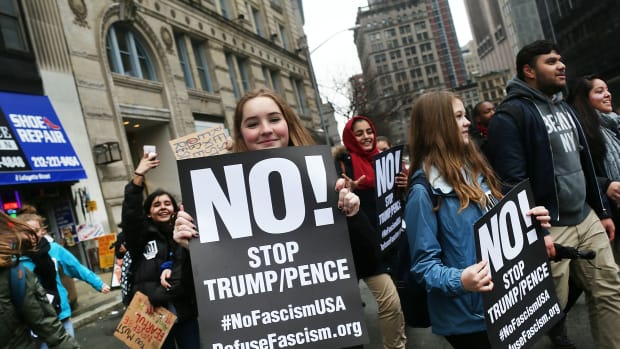 Hundreds of New York City high school students walk out of class to join a protest against President Donald Trump's immigration policies on February 7th, 2017, in New York City.