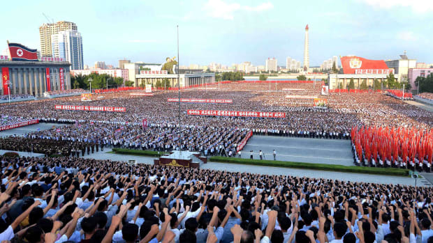 This picture taken on August 9th, 2017, shows a rally in support of North Korea's stance against the U.S., on Kim Il-Sung square in Pyongyang. North Korea.