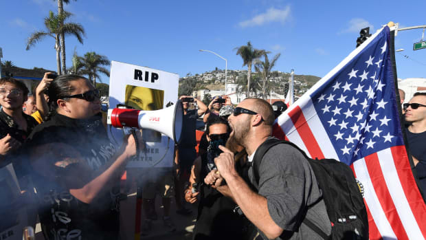Counter-protesters (left) argue with anti-immigration protesters in Laguna Beach, California, on August 20th, 2017.