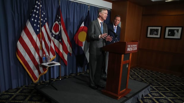 Governor John Hickenlooper (D-Colorado) and Governor John Kasich (R-Ohio) participate in a bipartisan news conference to discuss the Senate health-care reform bill at the National Press Club on June 27th, 2017, in Washington, D.C.