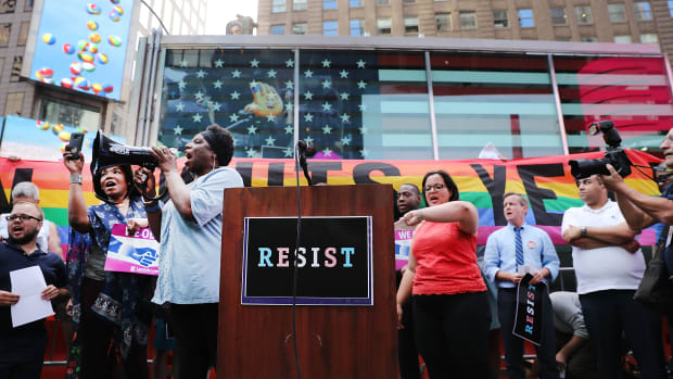 Transgender Army veteran Tanya Walker speaks to protesters in Times Square near a military recruitment center in New York City on July 26th, 2017.