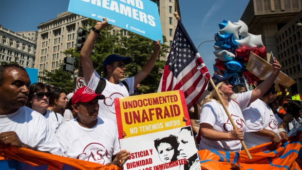 Demonstrators gather on Pennsylvania Avenue in response to the Trump administration's announcement that it would end the Deferred Action for Childhood Arrivals program on September 5th, 2017, in Washington, D.C.