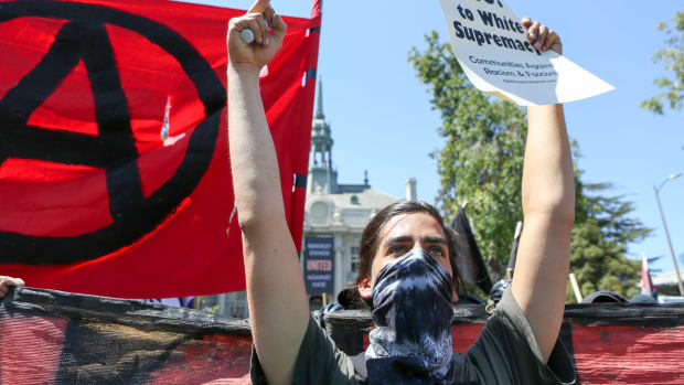 Antifa members and counter-protesters gather during a rightwing No-to-Marxism rally on August 27th, 2017, at Martin Luther King Jr. Park in Berkeley, California.
