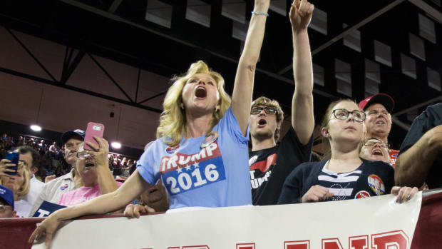 Supporters of Donald Trump react as he speaks during a rally at Valdosta State University, on February 29th, 2016, in Valdosta, Georgia.