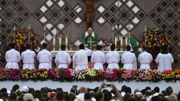 Pope Francis celebrates an open air mass at Contecar—Cartagena's maritime terminal—during the last day of his visit to Colombia on September 10th, 2017.
