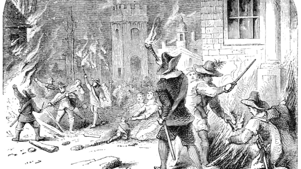 A 19th-century engraving depicting the burning of Jamestown, Virginia, during Bacon's Rebellion.