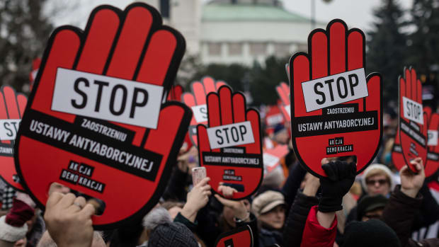 People protest for pro-abortion policies in front of the Polish parliament on March 23rd, 2018, in Warsaw, the capital city of Poland.