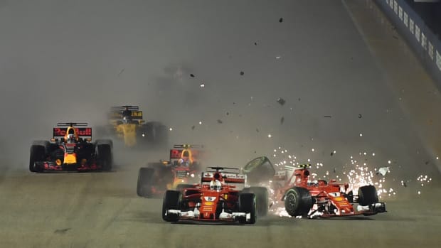 A crash occurs during the Formula One Singapore Grand Prix in Singapore on September 17th, 2017.