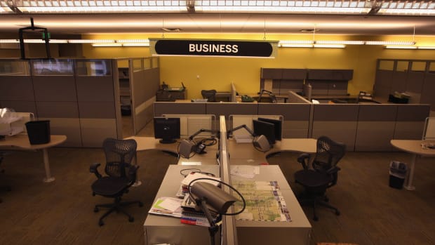 A section of the Rocky Mountain News newsroom sits empty on February 27th, 2009, in Denver, Colorado.