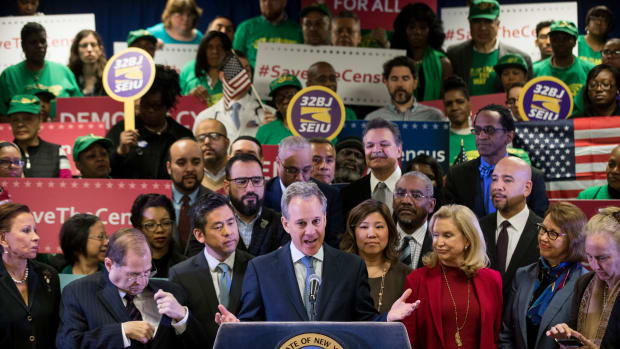 New York Attorney General Eric Schneiderman speaks at a press conference to announce a multi-state lawsuit to block the Trump administration from adding a question about citizenship to the 2020 Census form.