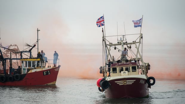 Flares are fired and a flotilla of boats head out of Whitstable Harbour as fishermen take part in a nationwide protest on April 8th, 2018, against the Brexit deal in Whitstable, England.