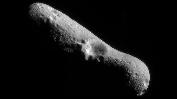 A mosaic image of asteroid Eros.