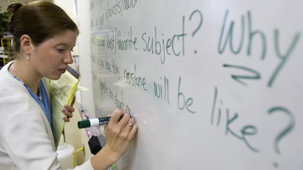 A teacher prepares for class inside her science classroom at Cesar Chavez Public Charter School in Washington, D.C.