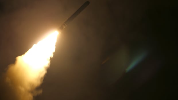 In this handout released by the U.S. Navy, the guided-missile cruiser USS Monterey (CG 61) fires a Tomahawk land attack missile at Syria as part of an allied strike on April 13th, 2018.