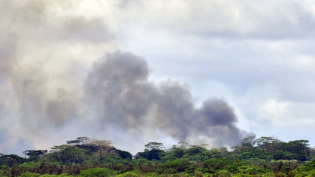 A plume of volcanic smoke rises over the area of Leilani Estates on May 6th, 2018, on Hawaii's Big Island.