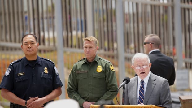 Attorney General Jeff Sessions addresses the media during a press conference at Border Field State Park on May 7th, 2018, in San Ysidro, California.