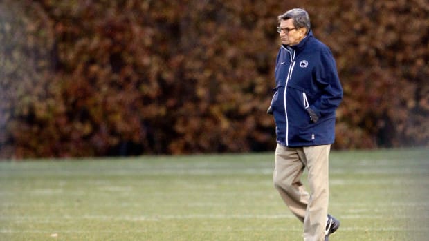 Pennsylvania State University head football coach Joe Paterno watches his team during practice on November 9th, 2011, in State College, Pennsylvania.
