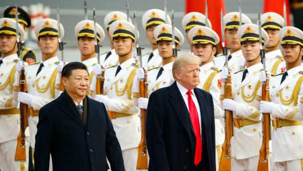 U.S. President Donald Trump takes part in a welcoming ceremony with China's President Xi Jinping on November 9th, 2017, in Beijing, China.