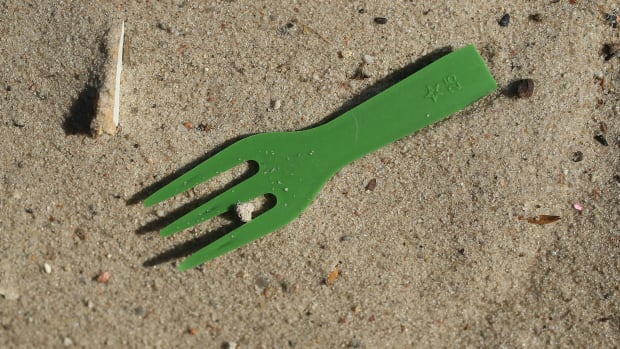 A plastic fork lies on a beach along the Spree River in the city center on May 29th, 2018, in Berlin, Germany. Europe is struggling to combat plastics pollution in its waterways and seas. It recently announced it will seek to ban the use of certain common plastic items, including plastic cutlery, straws, plates, swabs, and fishing gear.