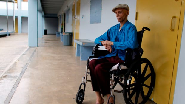 Miguel Angel Nieves sits in his wheelchair at a shelter as Hurricane Maria approaches Puerto Rico on September 19th, 2017.