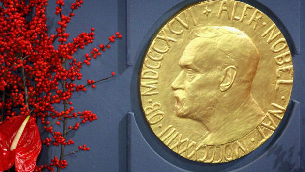 A plaque depicting Alfred Nobel at the 2008 Nobel Peace Prize Ceremony.