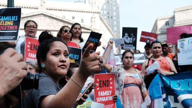 Hundreds of immigrant rights advocates and others participate in a rally at the Federal Building in lower Manhattan against the Trump administration's "zero tolerance" policy on June 1st, 2018.