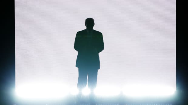 Donald Trump enters the stage at the Republican National Convention on July 18th, 2016, in Cleveland, Ohio.