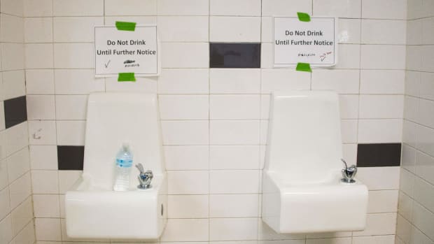 Placards posted above water fountains warn against drinking the water at Flint Northwestern High School in Flint, Michigan, on May 4th, 2016.
