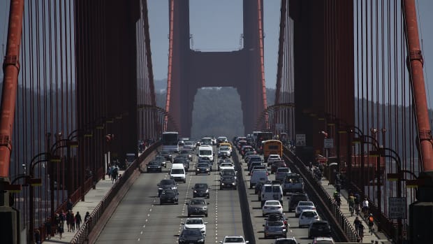 Cars drive over the Golden Gate Bridge on August 2nd, 2018, in Sausalito, California.