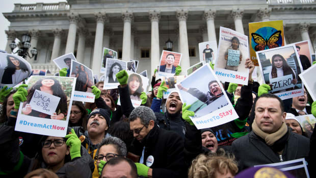 People protesting the cancelation of the Deferred Action for Childhood Arrivals rally on the steps to the Capitol Building on December 6th, 2017.